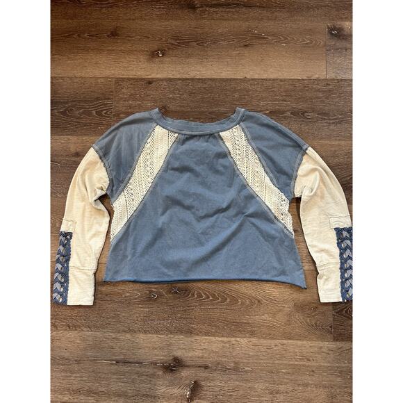 Boho Lace Crochet Raglan Crop Top Blue Cream Western Festival Free People Style - Picture 2 of 7